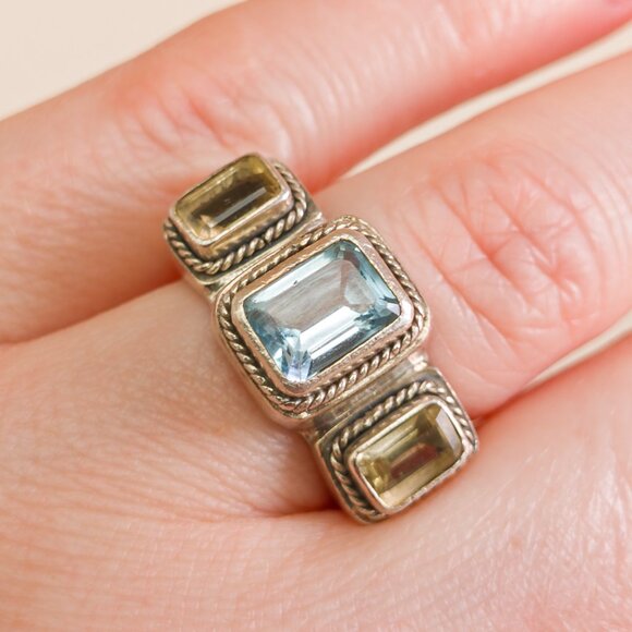 Lori Bonn Vintage Sterling Silver Gemstone Ring–Blue Topaz & Citrine, Size 57.5 - Picture 6 of 16